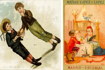 Tarjeta (izq.) y cromo con publicidad de los chocolates de Matías López